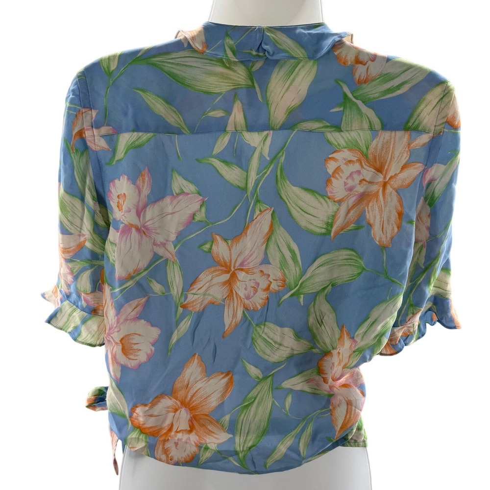 Lauren Ralph Lauren Blue Silk Floral Wrap Blouse Short Sleeve Ruffle Top Medium - Picture 4 of 7
